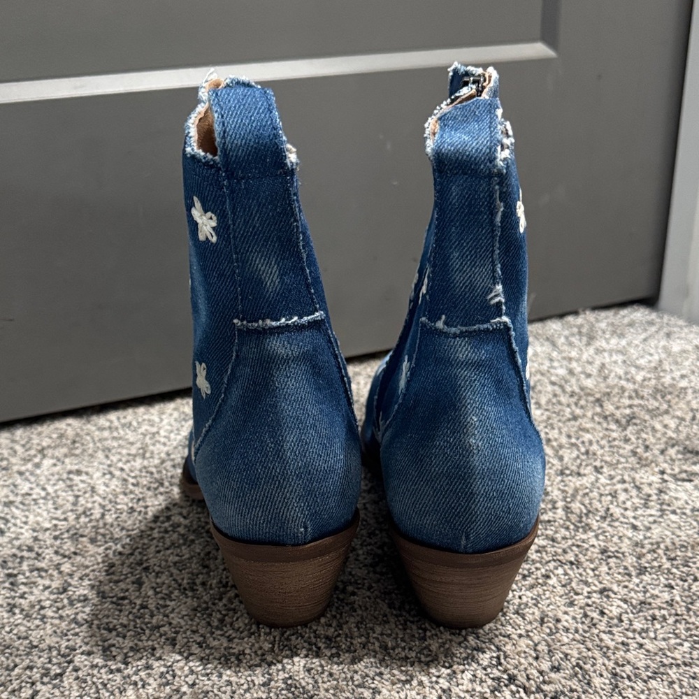 Blue Denim Ankle Boots with Floral Accents - Picture 6 of 11